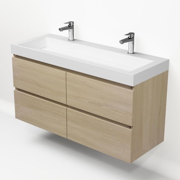 Badmeubelset Base Licht Eiken met Deluxe Wastafel 120 cm met 2 kraangaten