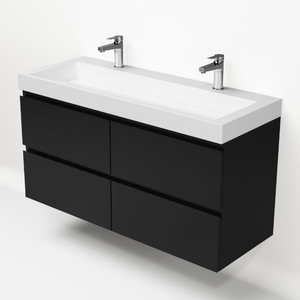 Badmeubelset Base Mat Zwart met Deluxe wastafel 120 cm met 2 kraangaten