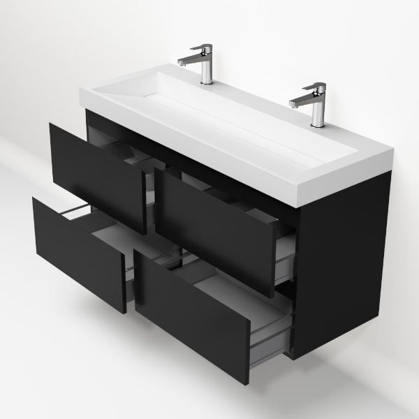 Badmeubelset Base Mat Zwart met Deluxe wastafel 120 cm met 2 kraangaten